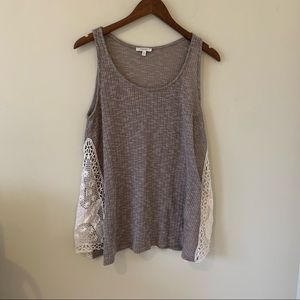 Jodifl Sweater Tank w/ Lace, Boho Taupe Color, Size Large